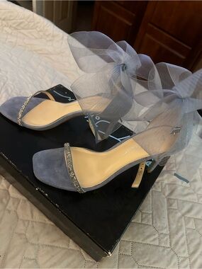 Betsey Johnson Dusty Blue Suede Ankle-Tie Heels with Crystal Strap